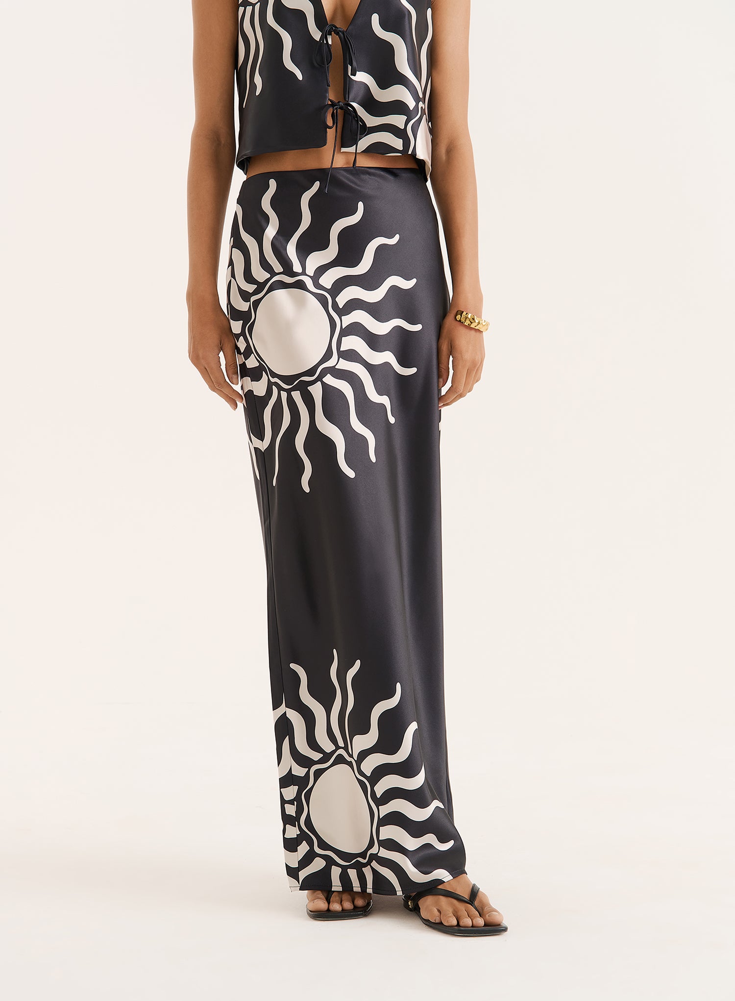 Black Sun Print Satin Maxi Skirt